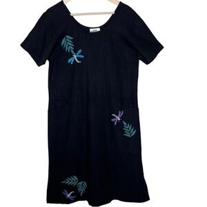Juli Anne Hand Painted Dragonfly Dress Medium Black Short Sleeve Relaxed Fit